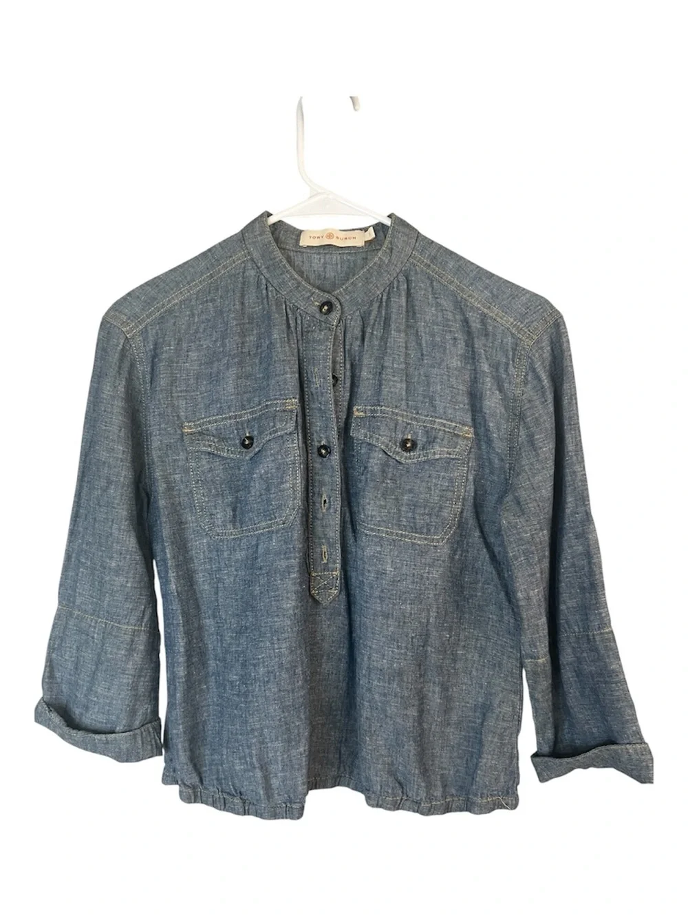 Tory Burch Cropped Chambray 1/2 Button-Front Linen BlendShirt in Denim Blue